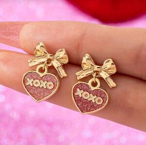 Valentines Day Heart Earrings with Pink Glitter